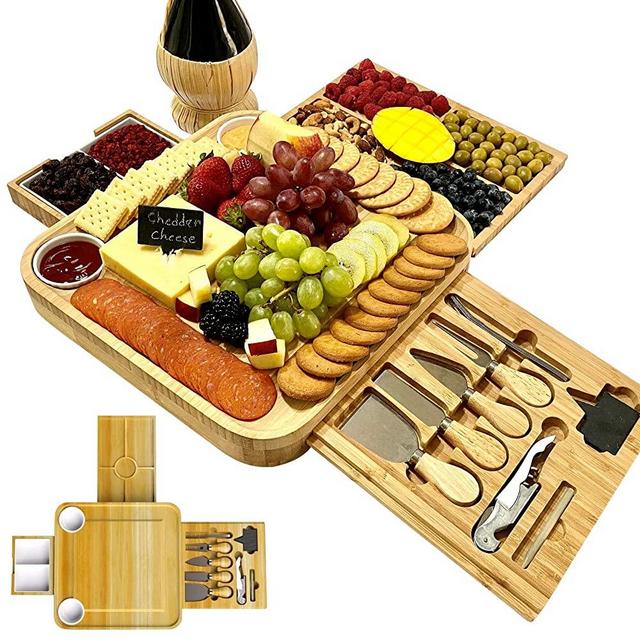 iBambooMart Cheese Board and Knife Set, Wooden Charcuterie, Bamboo Platter & Serving Meat Tray w/Slide-Out Drawers, 4 Knife, 4 fork, Perfect for Christmas, Birthday, Housewarming, Wedding Gifts