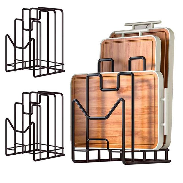 CYWDTYRDXZ Multifunctional Cutting Board Organizer, Cutting Board Holder Rack Baking Cookie Pan Sheets Cooling Racks Storage Stand for Kitchen Cabinet -Divided Holder with 4 Slots (2PS Black)