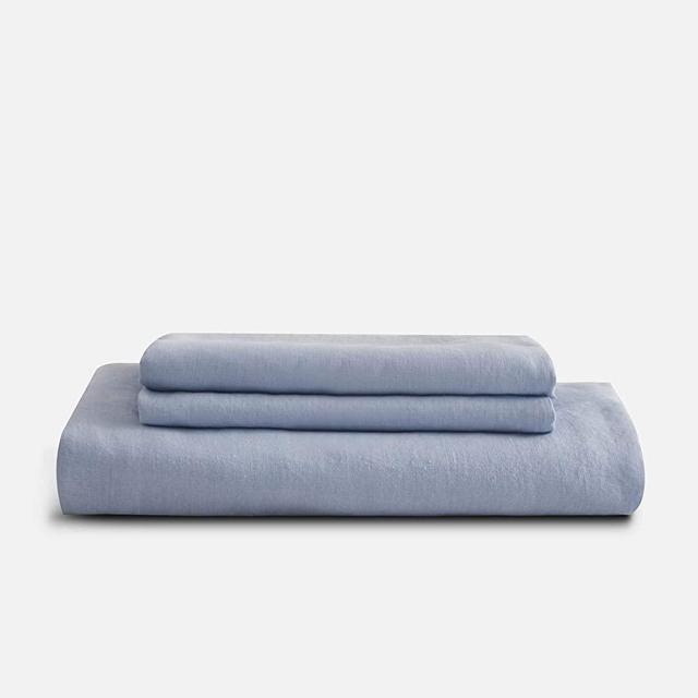 Sijo Premium Stone Washed 100% French Linen Bed Sheet Set, Small Batch Sourced from Normandy, Breathable and Durable, 3pc Set - 2 Pillowcases, 1 Fitted (Sky, Queen - Minimal 3 Piece)