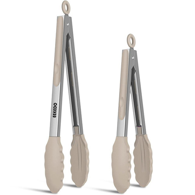 EEKEDO Tongs for Cooking, 600ºF High Heat-Resistant Stainless Steel Kitchen Tongs with Silicone Tips, Non Scratch, Locking Tong for BBQ Grilling Air Fryer Food Salads, Set of 2 (9" and 12") Beige