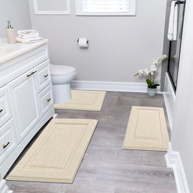 SHACOS Bathroom Rugs Set of 3 Soft Bath Mats with U Shape Toilet Rugs Non Slip Washable Microfiber Bath Rugs Absorbent Bathroom Mats Carpet 16"x24" + 20"x32"+ U Shaped 20"x24", Light Beige