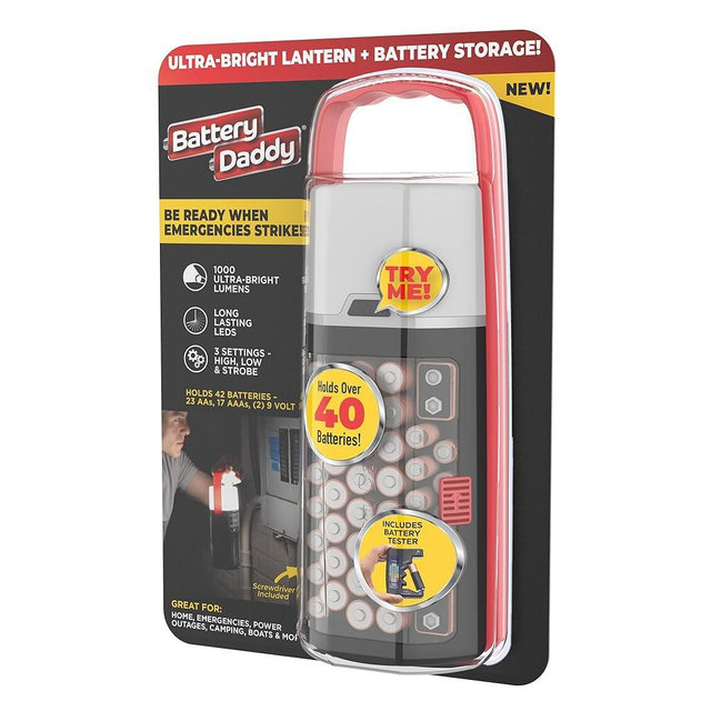 Battery Daddy Lantern, 2-in-1 Battery Powered Lamp & Battery Organizer, Ultra-Bright 1,000 Lumens Utility Light, Stores & Protects Up to 42 Batteries, Includes Battery Tester & Screwdriver