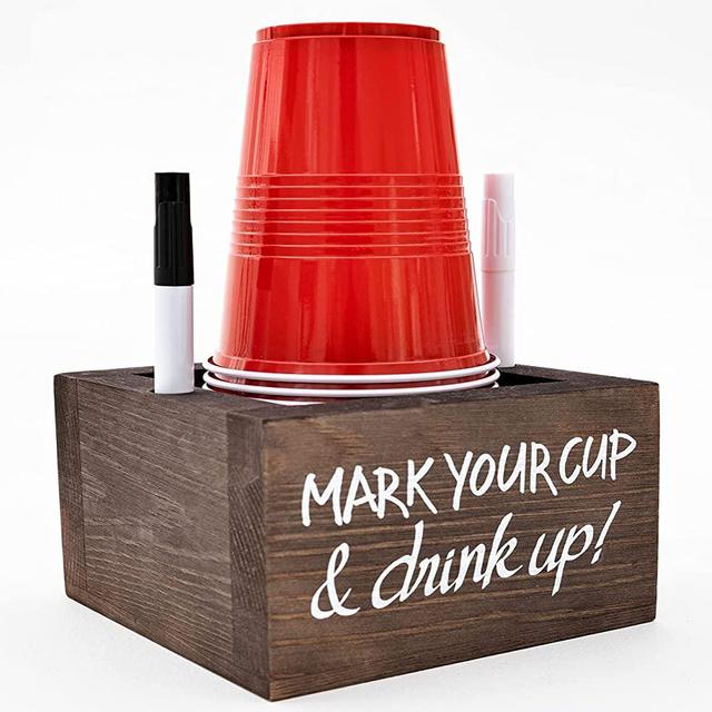 Pine Wood Solo Cup Holder with Marker Slot, “Mark Your Cup & Drink Up” Solo Cup Holder with Erasable Chalkboard + Pen Included – Solo Drink Cup Holder for Party, Home & Office