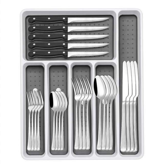 49-Piece Silverware Set with Organizer, Stainless Steel Roman Column Flatware for 8, Cutlery Utensil Sets with Steak Knives, Rust-proof, Mirror Polished, Dishwasher Safe