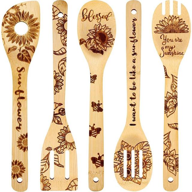 5 Pieces Sunflower Wooden Spoons Set Burned Cooking Utensil Spoon Sunflower Kitchen Baking Spoon Summer Kitchen Decoration for Wedding Bridal Shower Christmas Gift Ideas