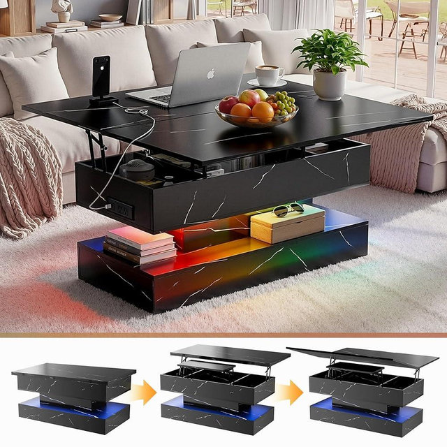 Fabulcozy 40" Lift Top Coffee Table, 4‑in‑1 Multi-Function Convertible Workstation Table with Storage & Charging Station, Modern Faux Marble Design for Living Room & Small Spaces, Black