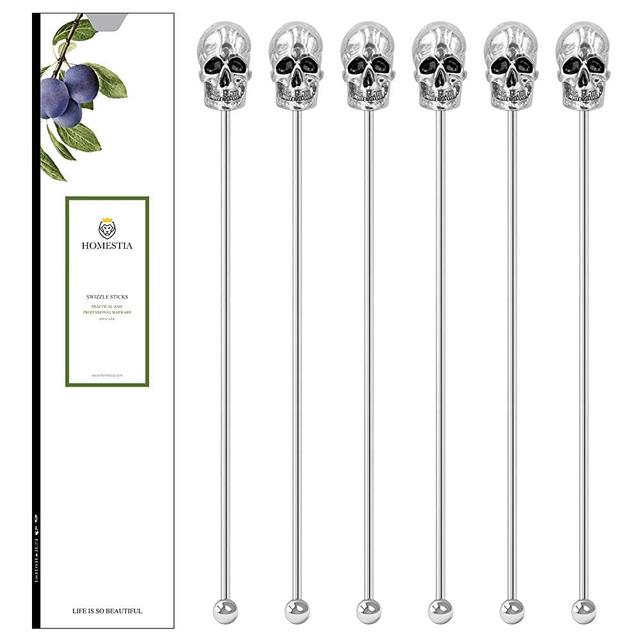 Homestia 6 Pcs Skull Coffee Stirrers Swizzle Sticks Stainless Steel 8" Reusable Beverage Stir Sticks with Decor Top Gift Set for Mixing Cocktail, Whiskey, Hot Cocoa, Creamer