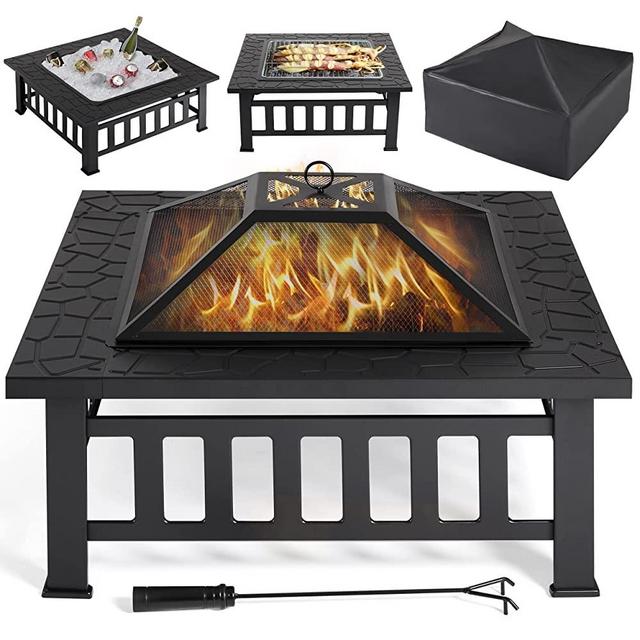 Yaheetech 34in Fire Pit Table Outdoor Fire Pits Square Steel Stove with Mesh Screen, Waterproof Cover & Poker for Outside Patio Bonfire Camping