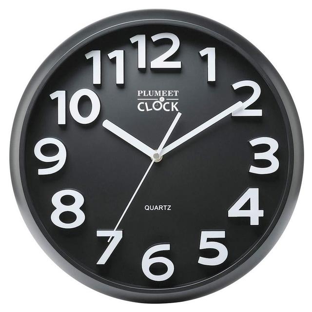 EleMall - Plumeet Large Number Wall Clock, 13" Silent Non-Ticking Quartz Decorative Wall Clock, Modern Style Good for Living Room & Home & Office Battery Operated (Black)