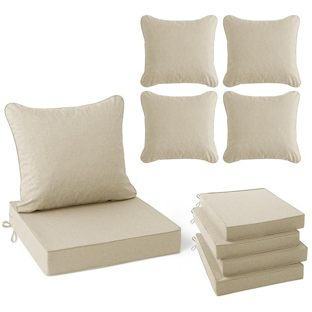 Summsun Patio Chair Cushions Set of 4, Faux Linen Outdoor Furniture Cushions, Water Resistant Backrest and Deep Seat Cushion Set with Ties, Removable Cover, Non-Slip Bottom, 24 x 24 Inch, Beige