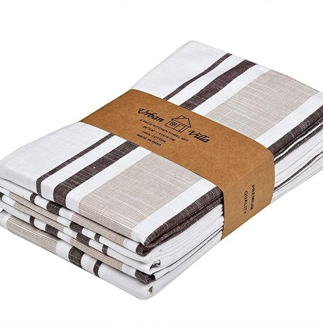 Urban Villa Kitchen Towels Slub Weave Beige/Brown/White Stripes Premium Quality100% Cotton Dish Towels Mitered Corners Ultra Soft(Size:20X30 Inch) Highly Absorbent Bar Towels & Tea Towels (Set of 6)