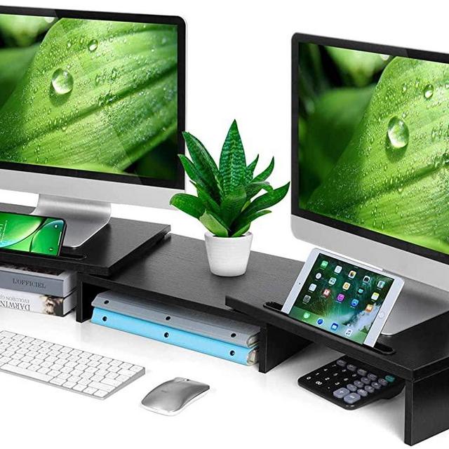 AMERIERGO Dual Monitor Stand Riser- 3 Shelf Screen Stand with Adjustable Length and Angle, 2 Extra Functional Slot Desktop Organizer Stand for PC, Computer, Laptop (Black)
