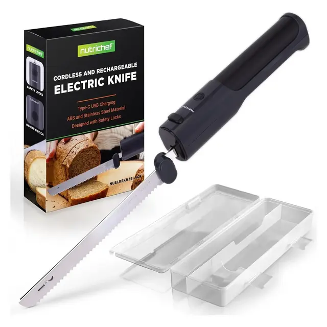 NutriChef Electric Bread Knife - NUELREKN3BLACK, Stainless Steel Blades, Lightweight Design, USB Rechargeable, Black
