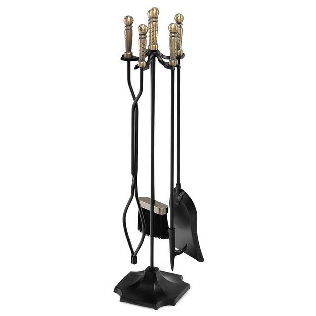 Goplus Fireplace Tool Set, Outdoor Modern Fireplace Tools with Poker, Shovel, Fire-Resistant Brush, Tong, Stand, Indoor Heavy Duty Steel Fireplace Accessories for Fire Pit Wood Stove, Black and Bronze