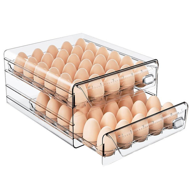 HIYOHIYO Clear 60 Egg Holder for Fridge, High Capacity Container With Time Scale, Stackable Organizer Dispenser for Refrigerator With Drawers (2 Layer, 11.6"x 10.2"x 5.1")