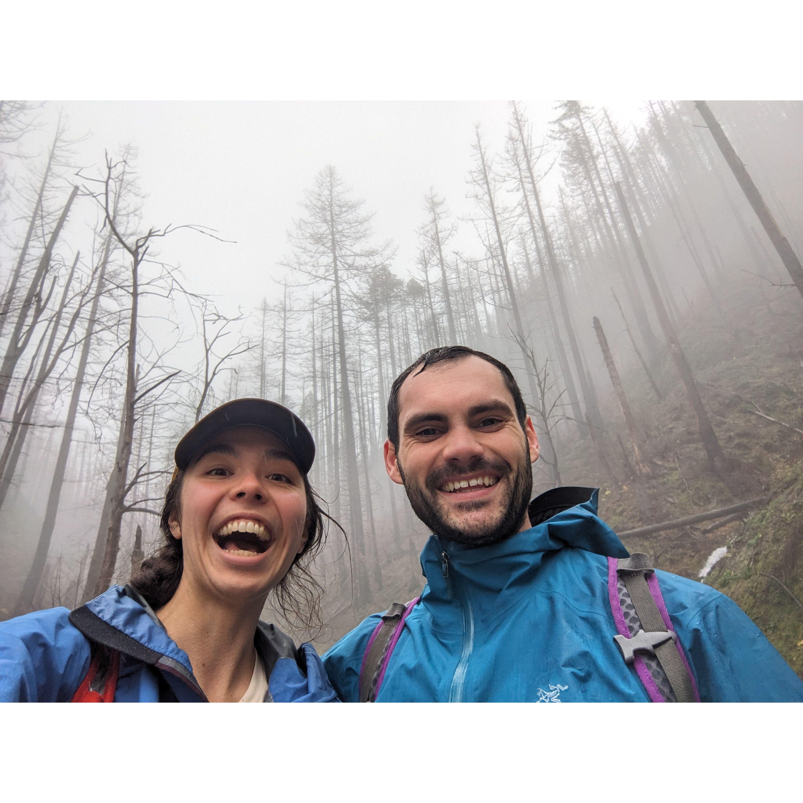 We have done a lot of hiking in the rain together, this one was in the Colombia River Gorge, OR.
