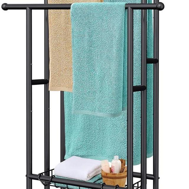 Kayfia 40" H Free Standing Towel Rack, 3 Tier Alloy Steel Towel Rack Stand with Basket, Blanket Drying and Display Rack for Oversized Bath Towels Bathroom Accessories, Next to Tub or Shower (Black)