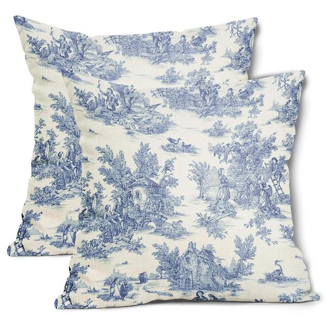 aportt French Country Pillow Covers Set of 2 20x20 Inch Vintage Toile Blue Cotton Linen Polyester Decorative Throw Pillow Case Cushion Cover for Bedroom Sofa Living Room Couch Chair Office