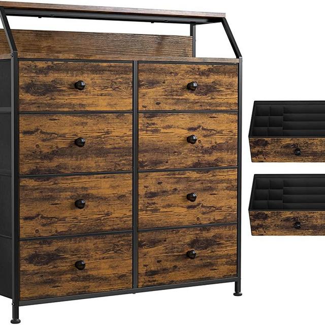 REAHOME 8 Drawer Dresser with Shelves for Bedroom Large Storage Organizer Unit for Closet Living Room Entryway Office Sturdy Steel Frame Wooden Top with Two Additional Drawer Organizers(Rustic)TXK8R2