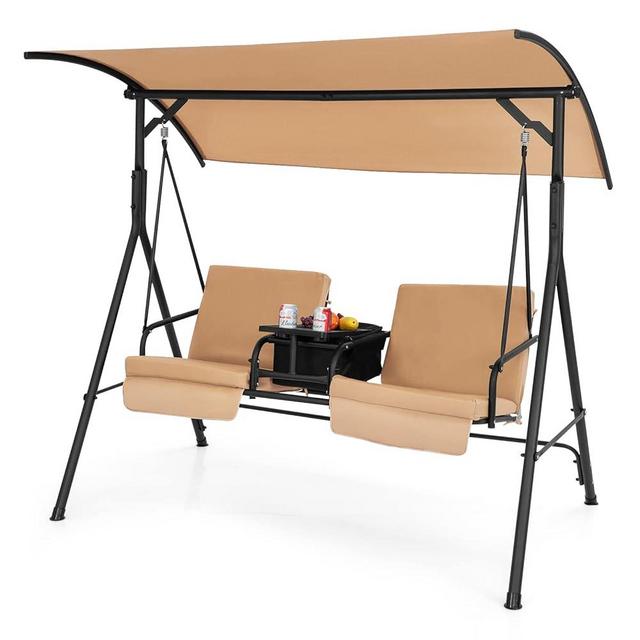 Tangkula 2 Person Porch Swing, Outdoor Swing with Pivot Storage Table, Cooler Bag, 2 Cup Holders, Removable Cushions, Patio Swing with Canopy for Backyard Balcony Poolside (Brown)