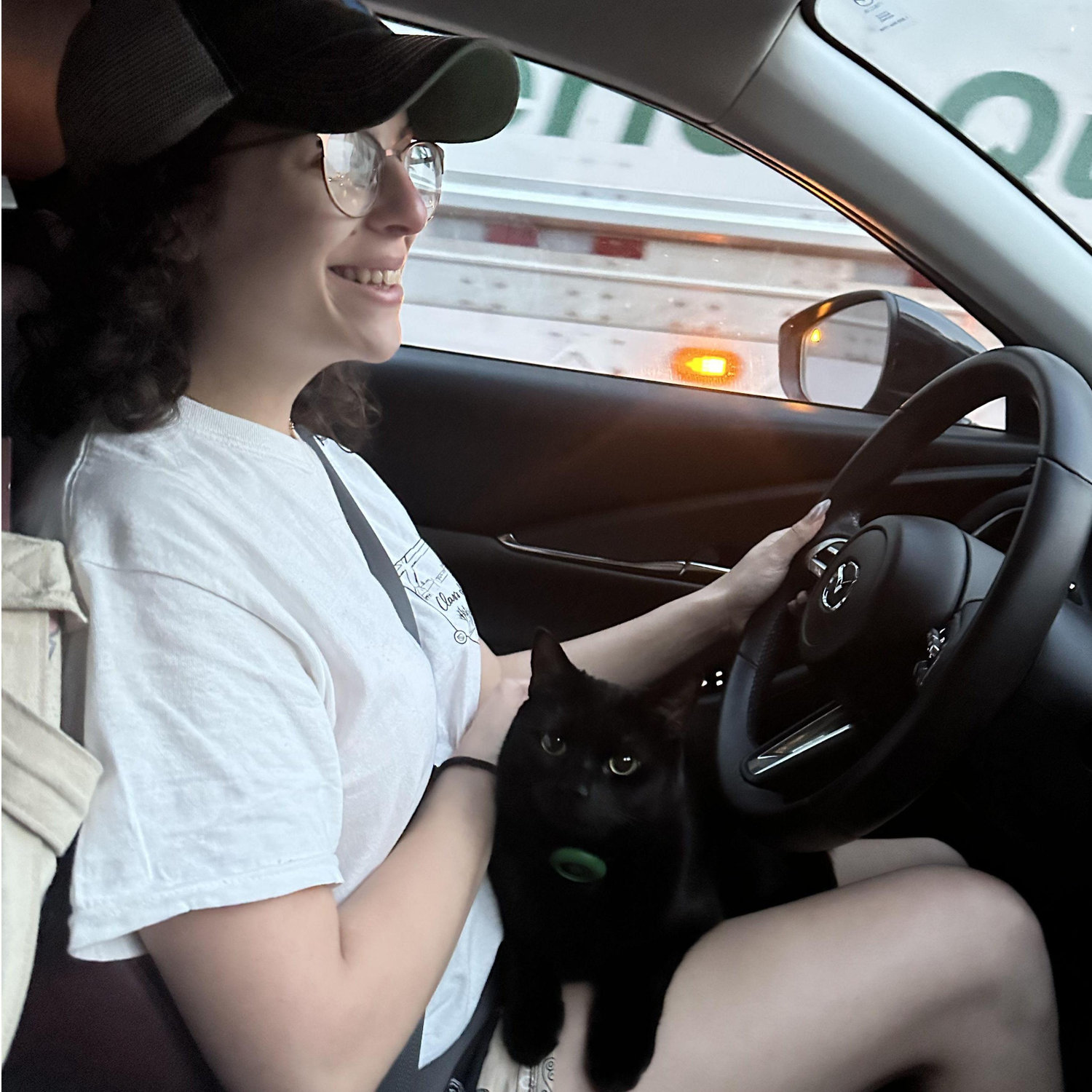 Rachel comforting RadioShack on our big drive from New York to Colorado