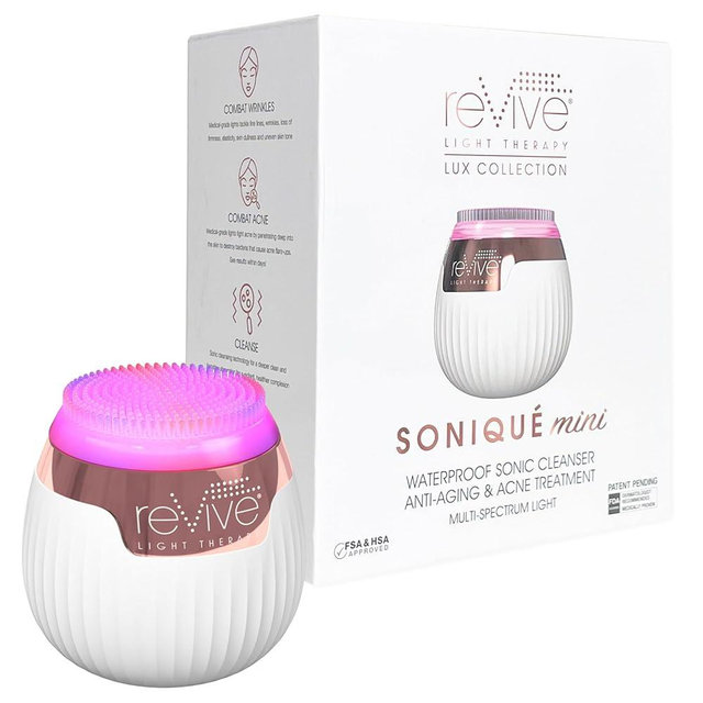 Revive LED Technologies Lux Collection Soniqué Mini Sonic Facial Cleansing Brush with Red & Blue Light Therapy, Reduces Appearance of Acne & Wrinkles