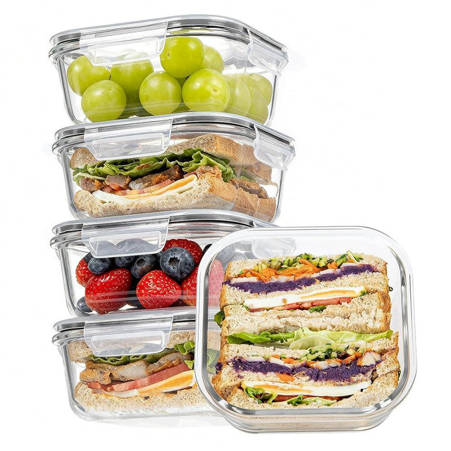 Vtopmart 5Pack 27oz Glass Storage Containers with Lids, Glass Meal Prep Food Container Sets, Sandwich Containers with Snap Airtight Lids for Microwave, Oven, Freezer and Dishwasher, Grey