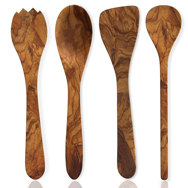 The Live Edge - 4PCS Olive Wood Cooking Utensils Set | Wooden Spoon Sets for Cooking | Wooden Scraping Spoons with Flat Bottom Edge | Round Wooden Serving Spoons for Mixing, Stirring, Salad Server Set