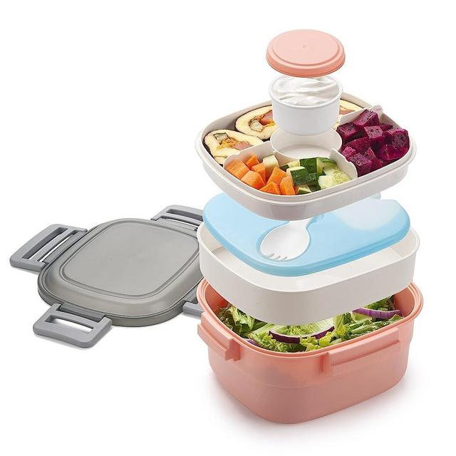 Freshmage Salad Container for Lunch with Ice Pack, Leakproof BPA-Free 52-oz Lunch Container with 4 Compartments, Salad Lunch Container for Men, Women (Pink+Ice Pack)