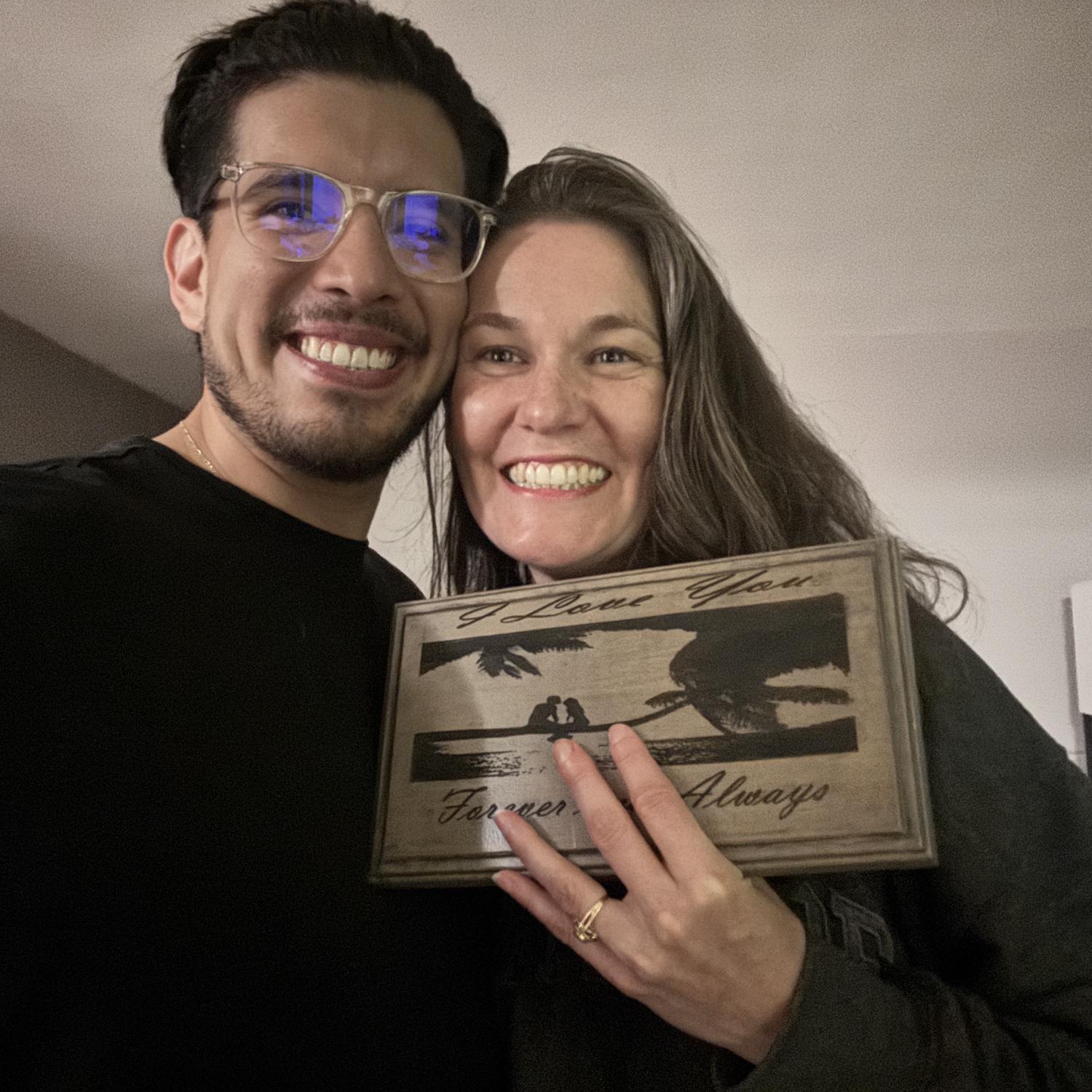 Alejandro carved this when he was in a high school woodworking class. He's been saving it for his forever love all these years. He gave it to Christine a few hours before he proposed.
