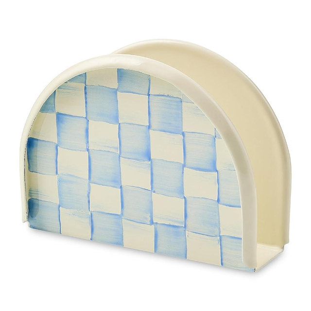 MACKENZIE-CHILDS Enamel Napkin Holder, Kitchen Napkin Holder for Table and Countertop, Light-Blue-and-White Sky Check