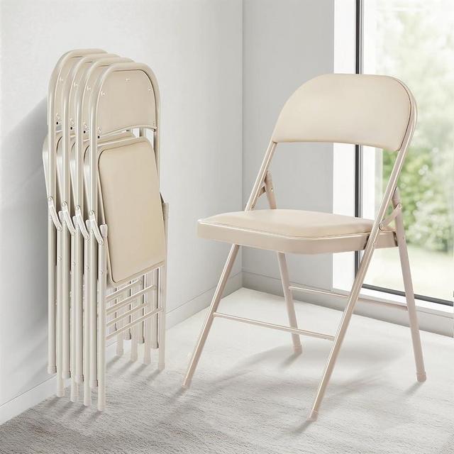 InfiniPower Folding Chairs 4 Pack with Vinyl-Padded Cushion and Back, Sturdy Metal Steel Foldable Chair, Portable Stackable Commercial Guest Seat for Indoor&Outdoor Party Event, Home, Office, Kahki