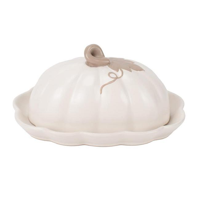 Nat & Jules Pumpkin Shaped 8 x 6 Inch Ceramic Scalloped Covered Lid Butter Dish: Perfect for decorating table settings for Thanksgiving, Halloween & Indoor Fall Décor, White