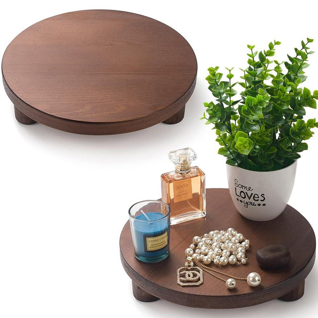 DEAMACE Wood Riser for Decor, 2 Pack Wood Pedestal Stand for Display, Round Wooden Tray for Kitchen Counter, Wooden Pedestal Stand for Plant Pot Indoor (Round - Brown)