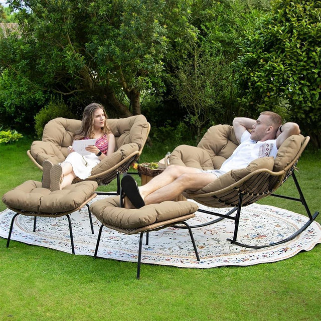 FINCATI Patio Papasan Rocking Chair with Ottoman Set of 2, Outdoor Indoor Oversized Egg Chair with Footrests and Cushion, 450 lbs Heavy Duty Comfy Rattan Rocker for Balcony Backyard Bedroom Lawn Brown