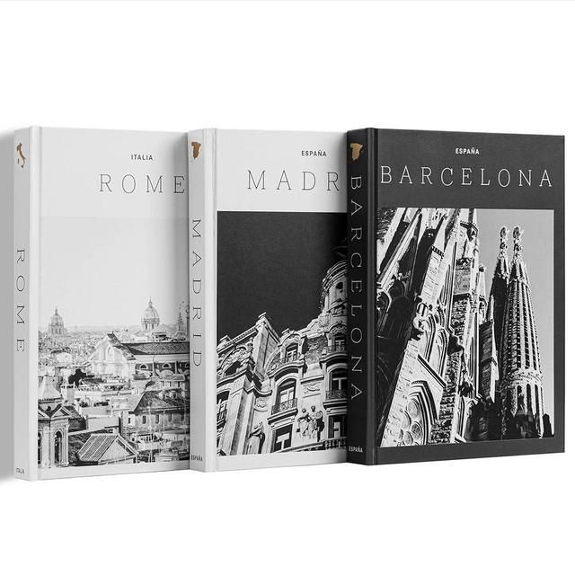 Set of 3 XL Decorative Blank Book Set - Hardcover Books for Decoration - Great for Tabletops, Coffee Tables, and Bookshelves - Minimalist Home Decor - City Theme - Madrid, Rome, Barcelona