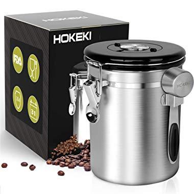 HOKEKI Airtight Coffee Canister, Stainless Steel Container for The Kitchen, Coffee Ground Vault Jar with One Way Co2 Valve and Scoop, Tea Coffee Sugar, Extra Coffee Spoon, 16 oz (Stainless Steel)
