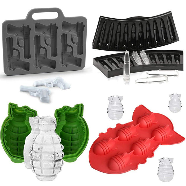 (Set of 4) Grenade Ice Ball Mold for Whiskey, Pistol & Bullet Ice Cube Trays, Bomb Missile Silicone Mold, Weapon Series Party Favors Supplies for Military Fans