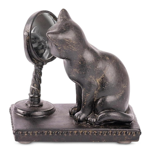 Young's Inc. Cat Figurine - Cute Cat Statue - Whimsical Cat Decor for Cat Lovers - Cat Collectibles and Meditation Decor - Cat with Mirror - 4'' L X 2'' W X 4'' H
