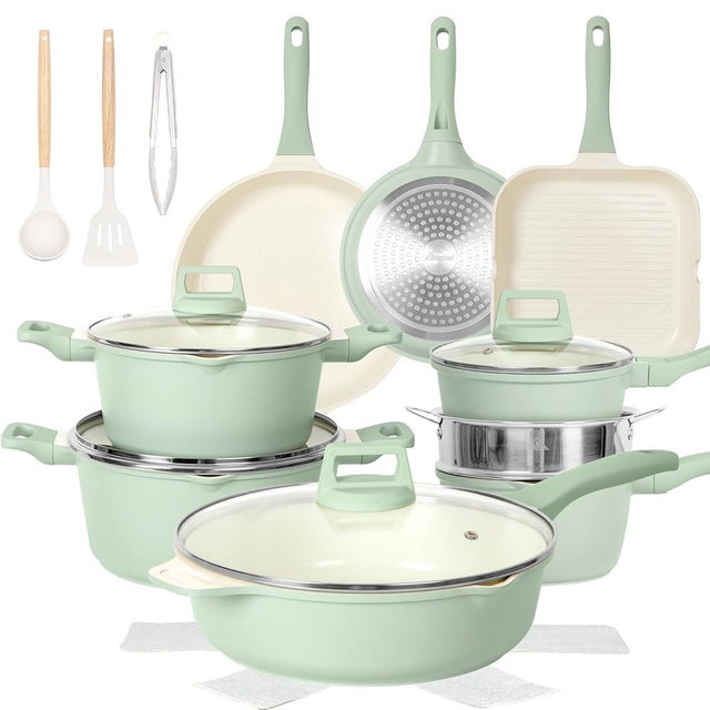 Romswi 23Piece Kitchen Cookware Set, Non Stick Pots and Pans Set, Induction Cookware with Utensil and Pan Protectors, Green