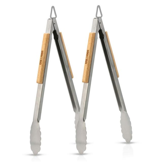 GRILLHOGS Barbecue Grill Tongs | 16 Inch 2-Pack | Best Metal Kitchen Tongs for Cooking and Grill Accessories | Stainless Steel + Oak Wood BBQ Tongs
