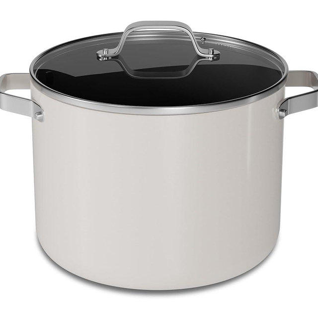 Bakken 12.5 Quart Ceramic Coated Stock Pot with Lid, Easy Clean Nonstick Pot, Tempered Glass Lid, Riveted Stainless Steel Handles, Oven Safe Up To 500°F, PTFE & PFAS Free, All Stove Compatible, Cream