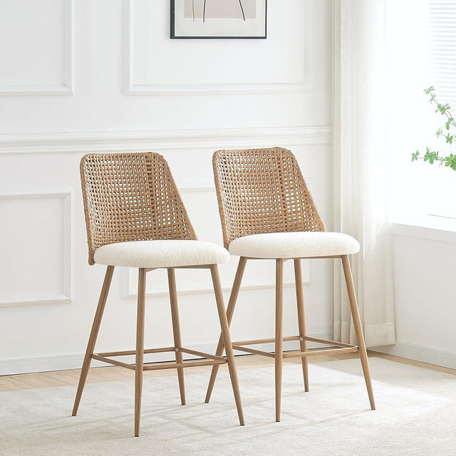 Modern Rattan Bar Stools Set of 2，Modern Upholstered Counter Height Bar Stools with PE Cane Back,26" H Seat Height Bar Chair Island Stools with Solid Metal Legs for Kitchen Counter Home Pub,Brown