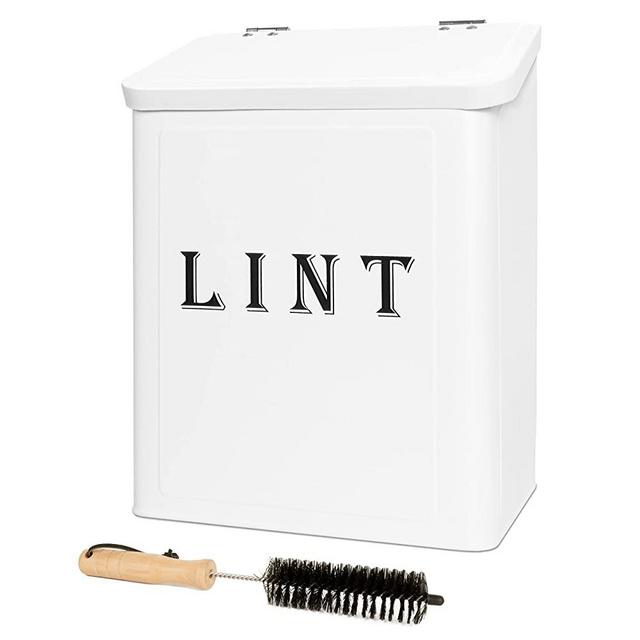 Uncle Bennie's Metal Lint Bin - Rustic Wall Mount or Strong Magnetic Lint Holder with Lid - Farmhouse Laundry Room Decor (w/Dryer Lint Brush) - Off White
