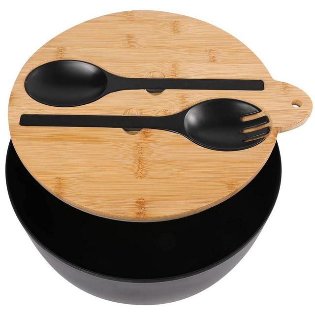 ECOWAY Bamboo Fiber Salad Bowl with Lid and Servers, Large 9.8inches Salad Serving Bowl Set with Utensils, Salad Mixing Bowl with Natural Bamboo Lid with Handle and Silicone Seal Ring(Black)