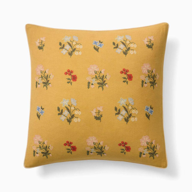 Emma Chamberlain Embroidered Floral Pillow Cover, 20"x20", Mustard
