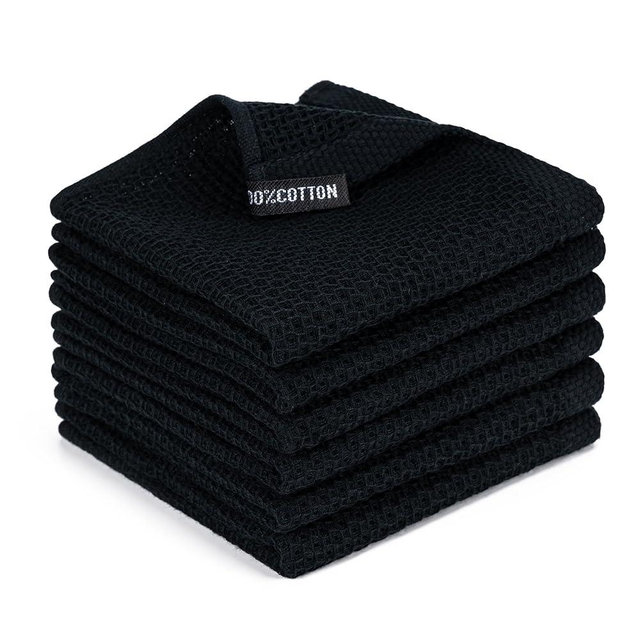 BOOMIBOO Kitchen Towels，Dish Towels 100% Cotton Waffle Weave Ultra Soft Absorbent Quick Drying Dish Rags，Dish Cloths， Dishcloths Sets，Tea Dowels for Kitchen，Bar Towels，12x12 Inches, 6-Pack, Black