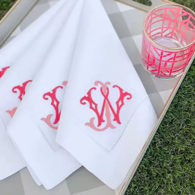 Cotton and Linen Blend Hemstitch Dinner Napkins with Monogram - Sold in Sets of 4
