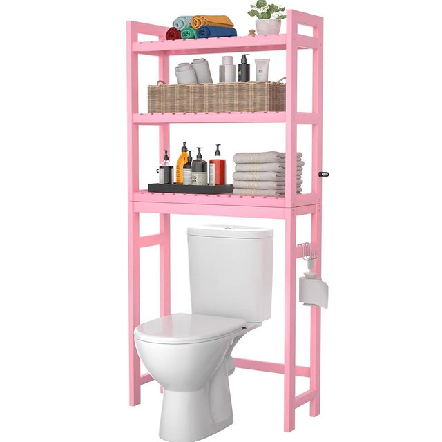 Homykic Bamboo Over The Toilet Storage Shelves, 3-Tier Above Toilet Storage Organizer Rack with 3 Hooks, Freestanding Bathroom Tower Shelf Unit for Small Space, No Rust, Easy to Assemble, Pink