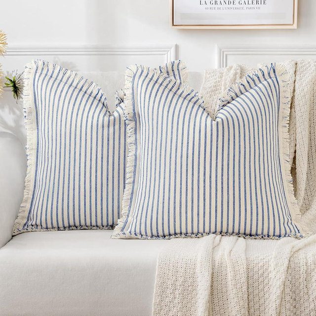 MIULEE Pack of 2 Royal Blue Pillow Covers 18x18 Inch Striped Farmhouse Couch Throw Pillow Covers with Fringe Chic Linen Decorative Cushion Covers for Sofa Living Room Bed Outdoor Home Decor